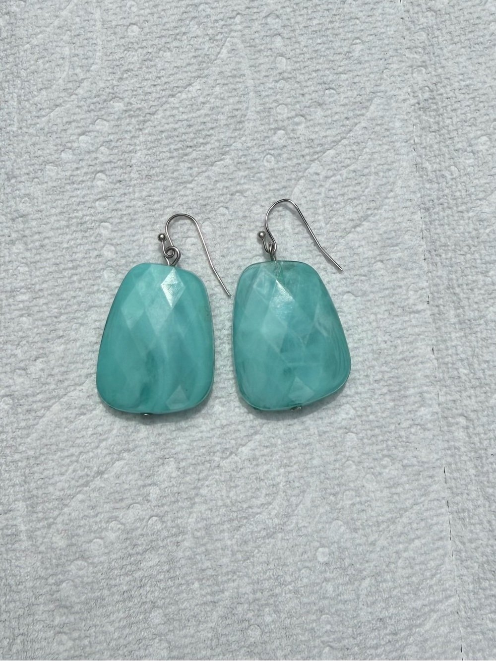 Vintage Aqua Marbled Lucite Faceted Dangle Earrings Blue Statement Boho